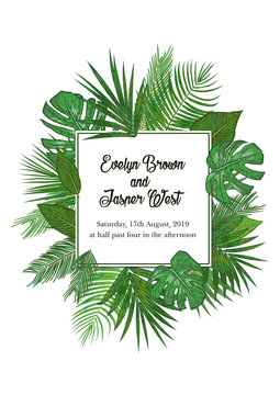 Watercolor frame of colorful tropical palms leaves. Concept of the jungle for the design of invitations, greeting cards and wallpapers