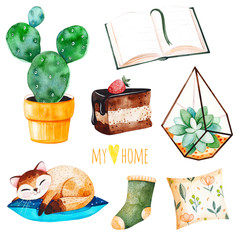 Cozy home set with a home plants,sleeping cute kitten, book,tasty cake,cushion.Watercolor Home collection.Perfect for wallpaper,print,cover design,invitations,packaging design,invitations,scrapbook et