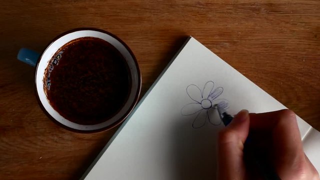 A cup of coffee, a notebook and a pen, a man writes down his thoughts sitting in a cafe