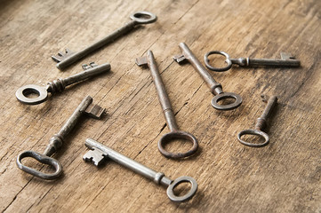 Antique metal keys on wooden background