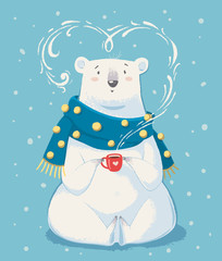 Cute white polar bear with red cup of hot tea cartoon hand drawn vector illustration.Enjoy winter time. T-shirt fashion print design, kids wear, baby shower celebration, greeting and invitation card.