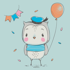 Obraz premium Cute owlet with a balloon cartoon hand drawn vector illustration. Can be used for baby t-shirt print, fashion print design, kids wear, baby shower celebration greeting and invitation card.
