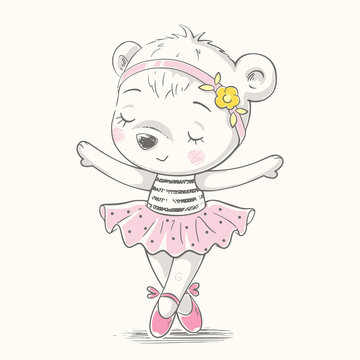Cute baby bear ballerina dancing cartoon hand drawn vector illustration. Can be used for baby t-shirt print, fashion print design, kids wear, baby shower celebration, greeting and invitation card.
