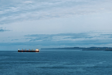Beautiful coast landscape at dusk showing cliffs and freighter in the horizon