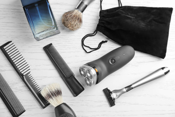 Shaving accessories for man on wooden table