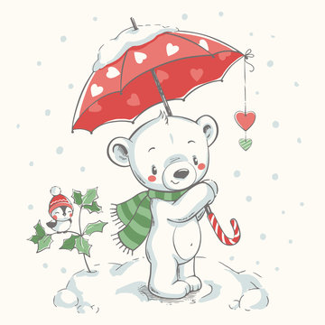 Cute bear with Christmas umbrella. Winter hand drawn vector illustration. Can be used for baby t-shirt print, fashion print design, kids wear, baby shower celebration, greeting and invitation card.