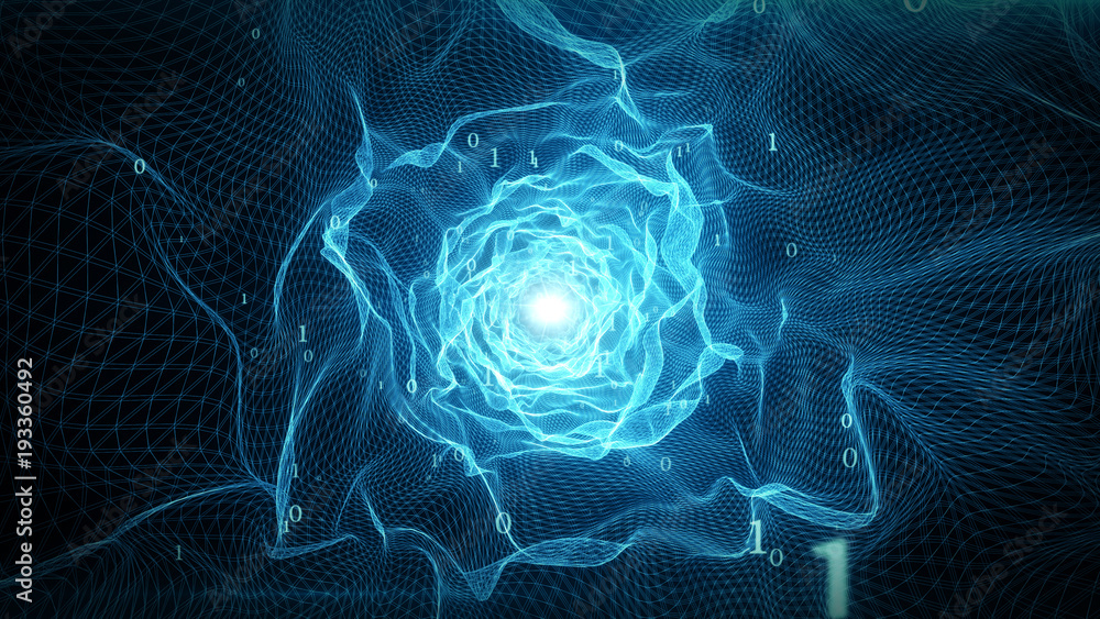 Poster abstract technological digital virtual tunnel for data transmission in binary code 3d illustration