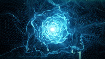 Abstract technological digital virtual tunnel for data transmission in binary code 3d illustration