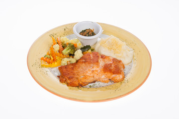 roasted salmon fillet with vegetables and potato puree