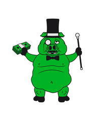 sparschwein reich geld sparen zylinder hut sir herr gentlemen mustache schnurrbart monokel brille groß dick fett schwein eber ferkel comic cartoon lachen clipart