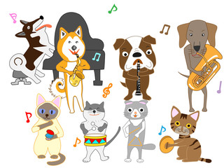 Obraz na płótnie Canvas 犬と猫のコンサート。犬と猫が楽器を演奏している。
