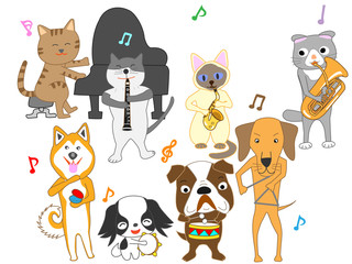 犬と猫のコンサート。犬と猫が楽器を演奏している。