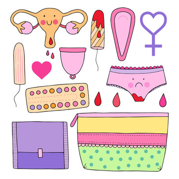 Feminine hygiene set. Lovely collection of cute vector illustrations.