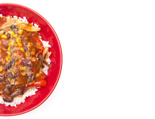 A Fajita Bowl of Rice, Beans, Peppers and Salsa on a White Background