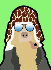 ilustración de un perro cool fumando pipa con un gorro de piel  y una chaqueta de cuero vector