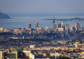Aerial landscape of Fukuoka city in Japan, with the sea in the background