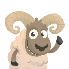 Cute cartoon sheep character. Vector illustration of fluffy lamb waving hand. Isolated on white