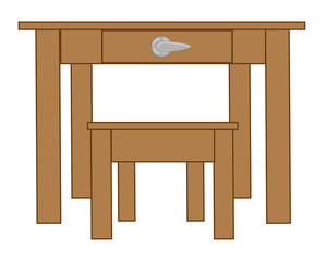 Wooden table and stool