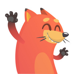 Cute cartoon vector fox. Vector illustration of an orange fox waving hand. Isolated on white.