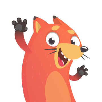 Cute cartoon vector fox. Vector illustration of an orange fox waving hand. Isolated on white.