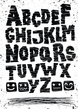 Cracked and Scratched Grunge Style Vector Font Typeface,Font design for english alphabets with rock texture illustration