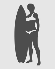 Woman posing with surfboard. Monochrome silhouette. Vintage surfing graphic and emblem for web design or print