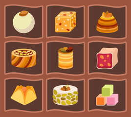 East delicious dessert sweets food eastern confectionery homemade assortment vector illustration cake tasty bakery assortment.