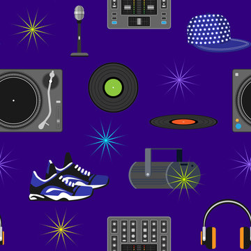 DJ music vector discjockey playing disco on turntable sound record set with headphones and players audio equipment for playback vinyl discs in nightclub seamless pattern background