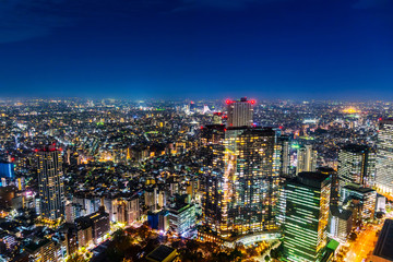 Asia Business concept for real estate and corporate construction - panoramic modern city skyline aerial night view of Shinjuku area under twilight sky in Tokyo, Japan
