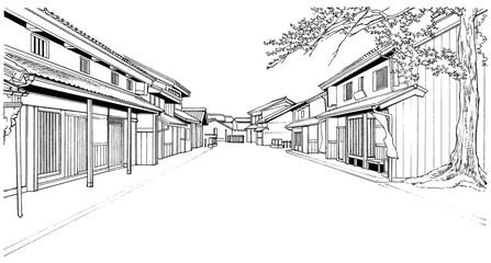 漫画風ペン画イラスト　和風（街並）