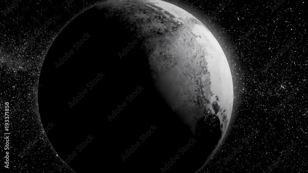 Poster planet pluto. beautiful 3d animation of the pluto planet rotates with alpha channel. planet pluto an