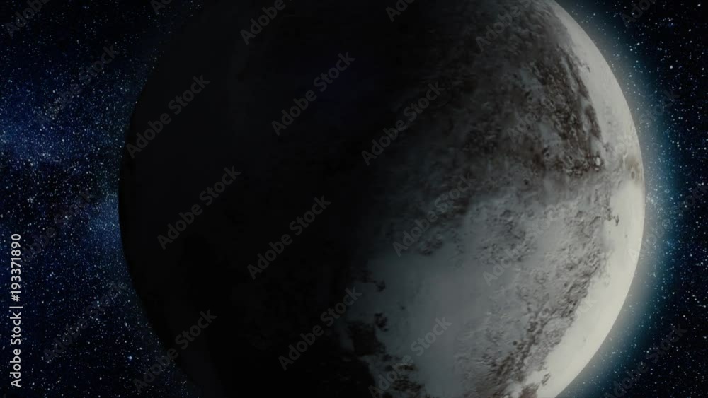 Poster planet pluto. beautiful 3d animation of the pluto planet rotates with alpha channel. planet pluto an