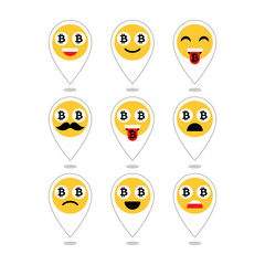 Bitcoin emoji, emoticons or smile. Emotional icons and signs isolated. Vector