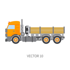 Fototapeta premium Color flat vector icon construction machinery truck tipper. Industrial style. Corporate cargo delivery. Commercial transportation. Building business. Engineering. Diesel power. Illustration for design