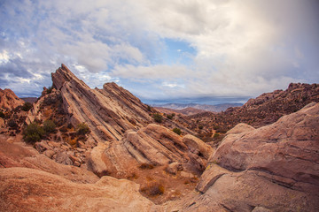 Stunning red rocky mountains of geological anomaly Vasquez Rocks, Los Angeles County
