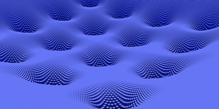 3d-Illustration einer Landschaft von Potentialtrichtern, die aus Hunderten von l&auml;nglichen Quadern mit quadratischer Grundfl&auml;che besteht
