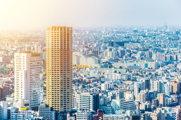 Asia Business concept for real estate and corporate construction - panoramic modern city skyline aerial view of tokyo under blue sky in Tokyo, Japan