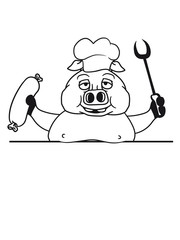 rand leere fläche schreiben text schild koch kochen grillen bbq chef küche schürze lecker essen hunger groß dick fett schwein eber ferkel comic cartoon lachen clipart