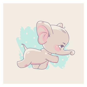 Cute little newborn baby elephant girl learning to walk. Cartoon character of baby girl of 3-9 months. Happy smiling toddler. Pastels color vector illustration.