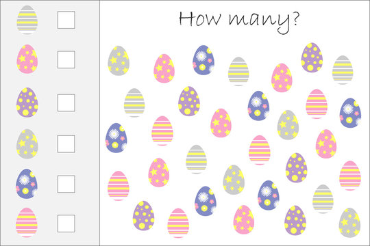 How many counting game with easter eggs for kids, educational maths task for the development of logical thinking, preschool worksheet activity, count  and write the result, vector illustration