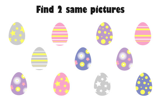 Find two identical pictures, fun education game with easter eggs in cartoon style for children, preschool worksheet activity for kids, task for the development of logical thinking, vector illustration