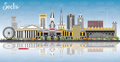 Sochi Russia City Skyline with Color Buildings, Blue Sky and Reflections.