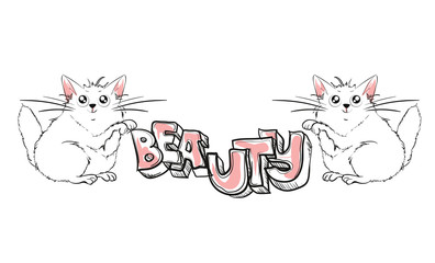 Two white cats near the inscription beauty. Print on the T-shirt. Vector illustration with cats for design.
