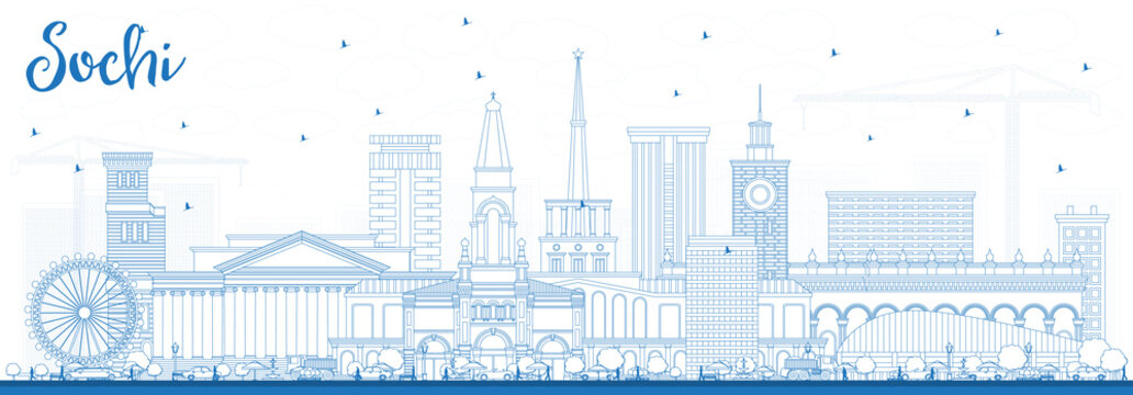Outline Sochi Russia City Skyline with Blue Buildings.