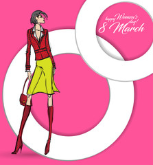 Happy Women's Day greeting card or background with happy fashion women on a pink background. Fashion model sketch.