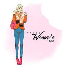 Young girl for Women's Day Party celebration. A girl with a jacket, jeans, a scarf and bag.