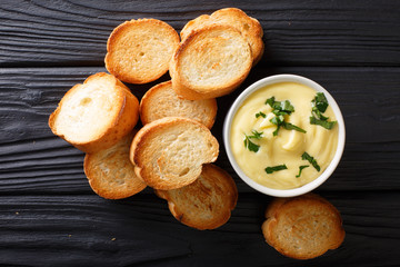 Easy appetizer crostini and cheese sauce close-up. horizontal top view