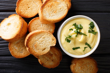 Homemade toasted bread and cheese sauce close-up. Horizontal top view