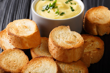 crostini and cheese creamy sauce dip close-up on the table. horizontal