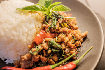 Chicken basil. Thai food.